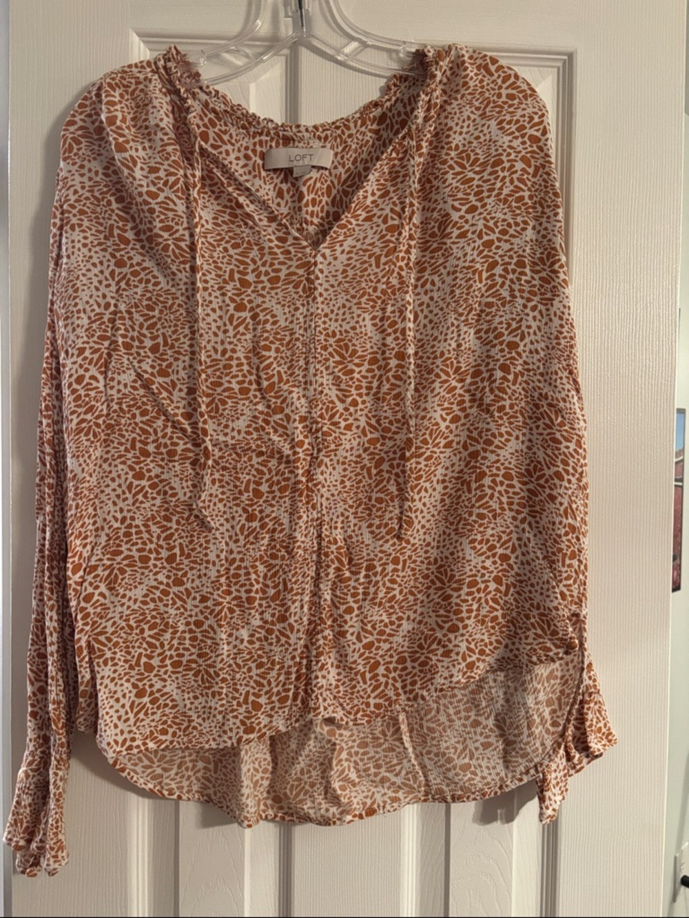 LOFT Rust-and-White Patterned Long Sleeve Blouse
